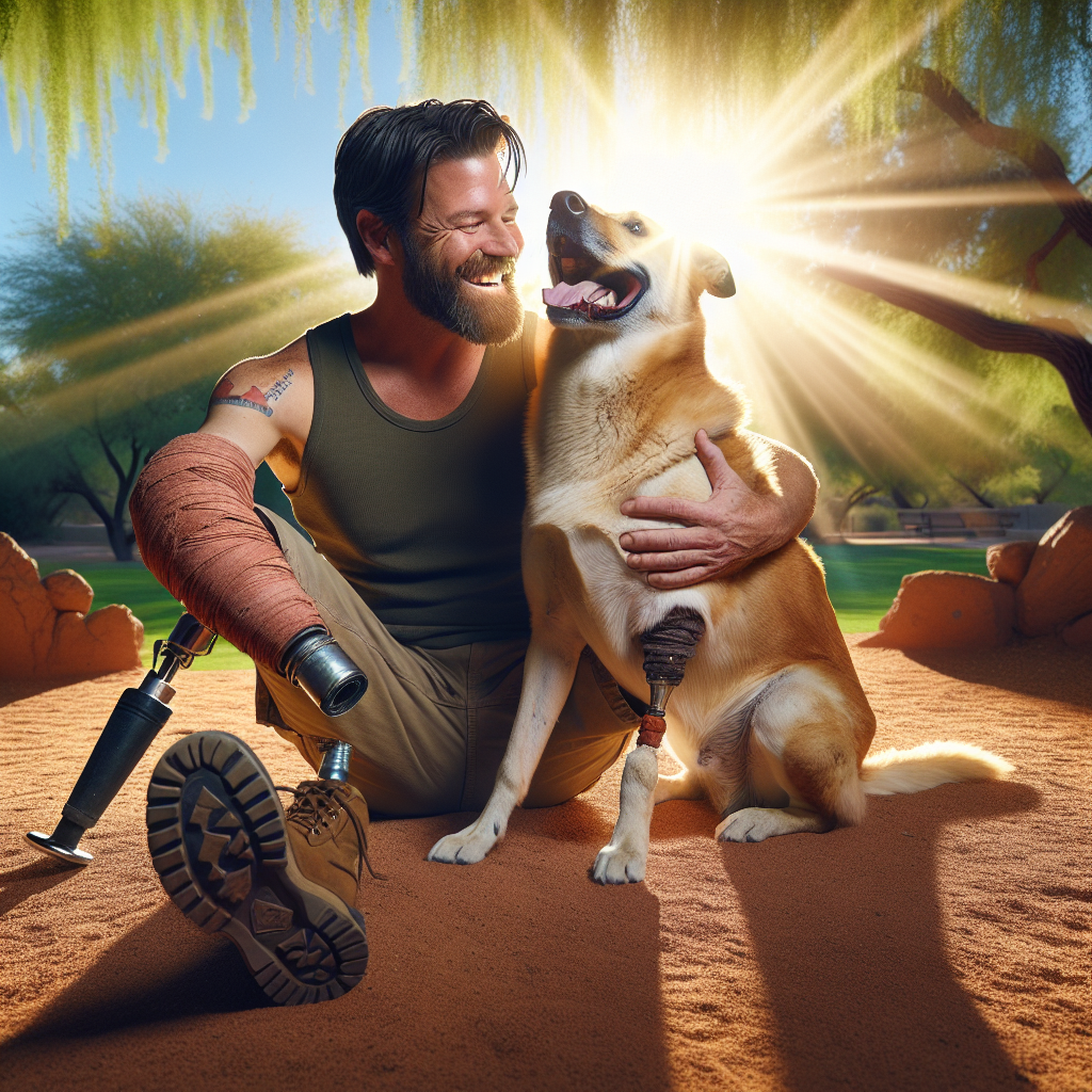 Triumphant Tails: Three-Legged Dog Finds Forever Home with One-Armed Hero